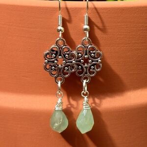 Handmade Filigree Ornate Chrysoprase Gemstone Dangle Earrings NEW SILVER